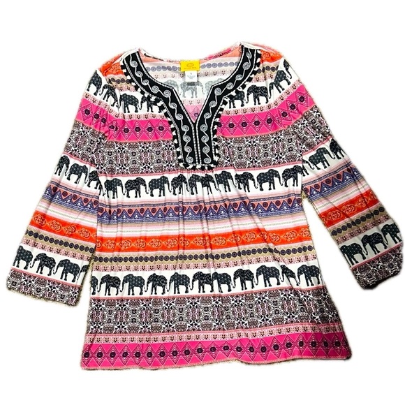 🐘🎨 RUBY RD. Elephant Print Boho Tunic Top | Pink Orange Black V-Neck | Size‎ S - Picture 1 of 3
